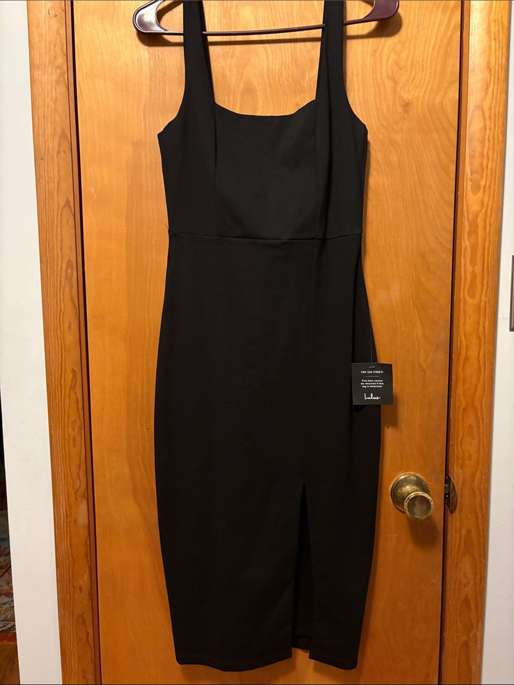 Lulu's Black Square Neck Midi Dress with Front Slit